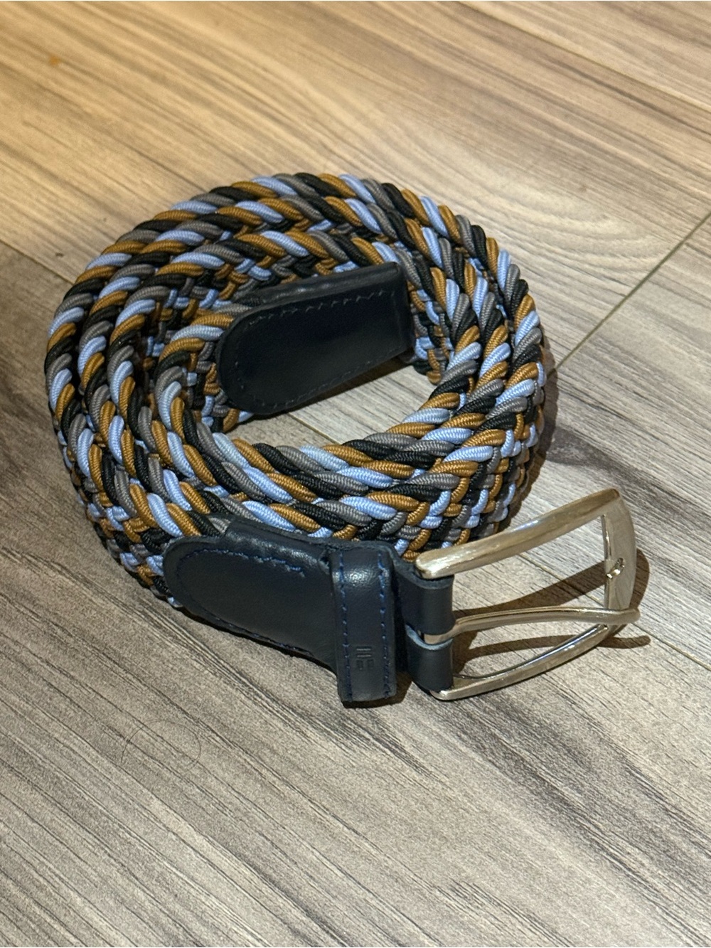 Miguel Bellini Braided Elastic Belt - Multicolor (Blue, Gray, Tan) Size Medium